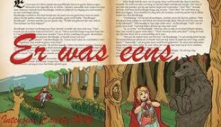 Opengeslagen sprookjesboek met daar overheen de tekst 'er was eens'